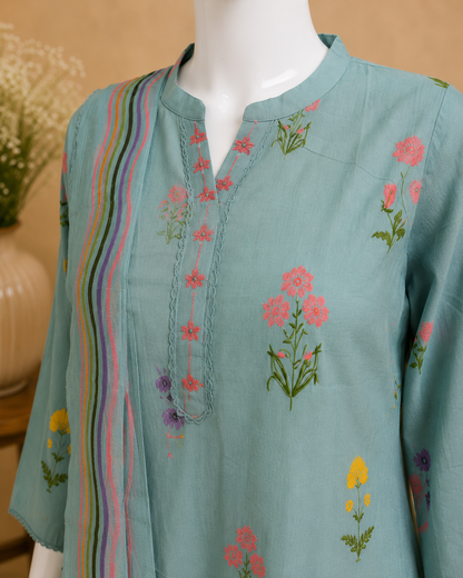 Sky Blue Floral Cotton  with Dupatta set