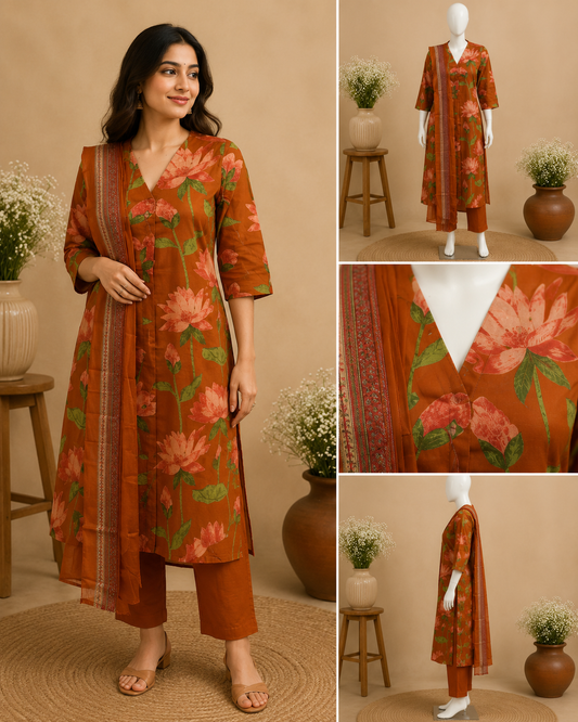Rust Orange Floral Cotton Kurti Set with Dupatta Set