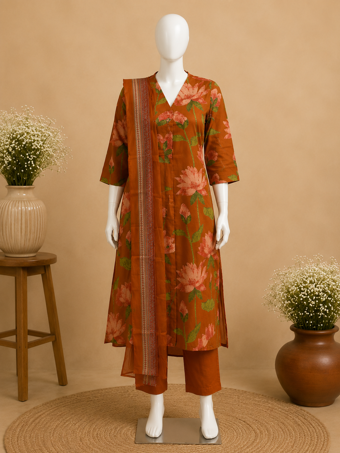 Rust Orange Floral Cotton Kurti Set with Dupatta Set
