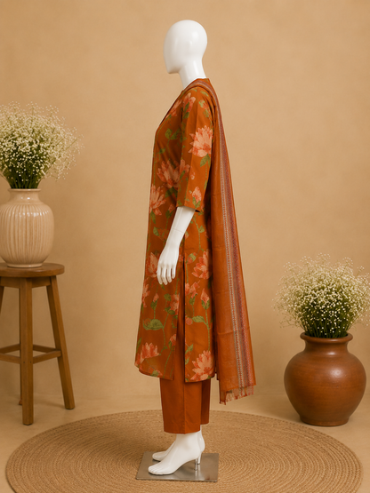 Rust Orange Floral Cotton Kurti Set with Dupatta Set