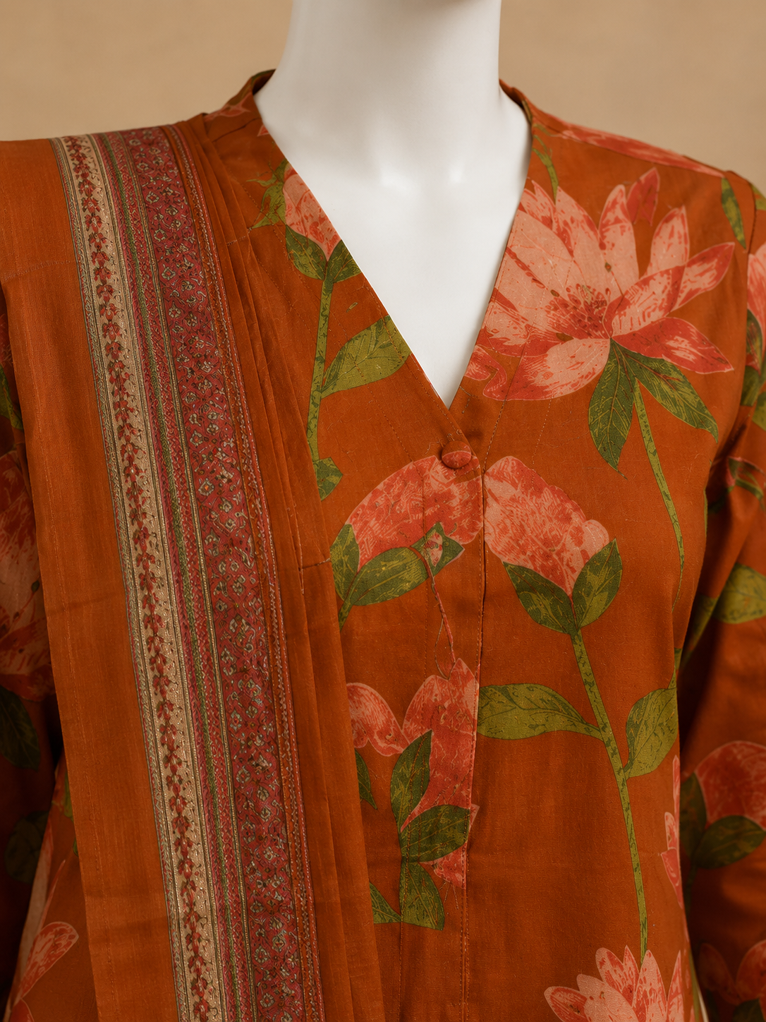 Rust Orange Floral Cotton Kurti Set with Dupatta Set