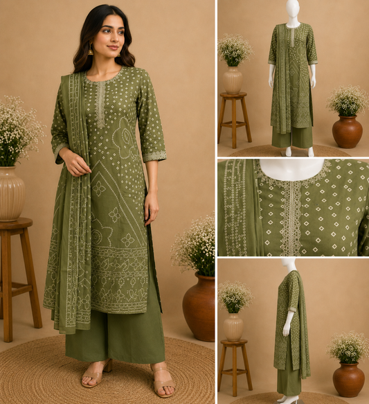 Olive Green Cotton Printed Kurta Set