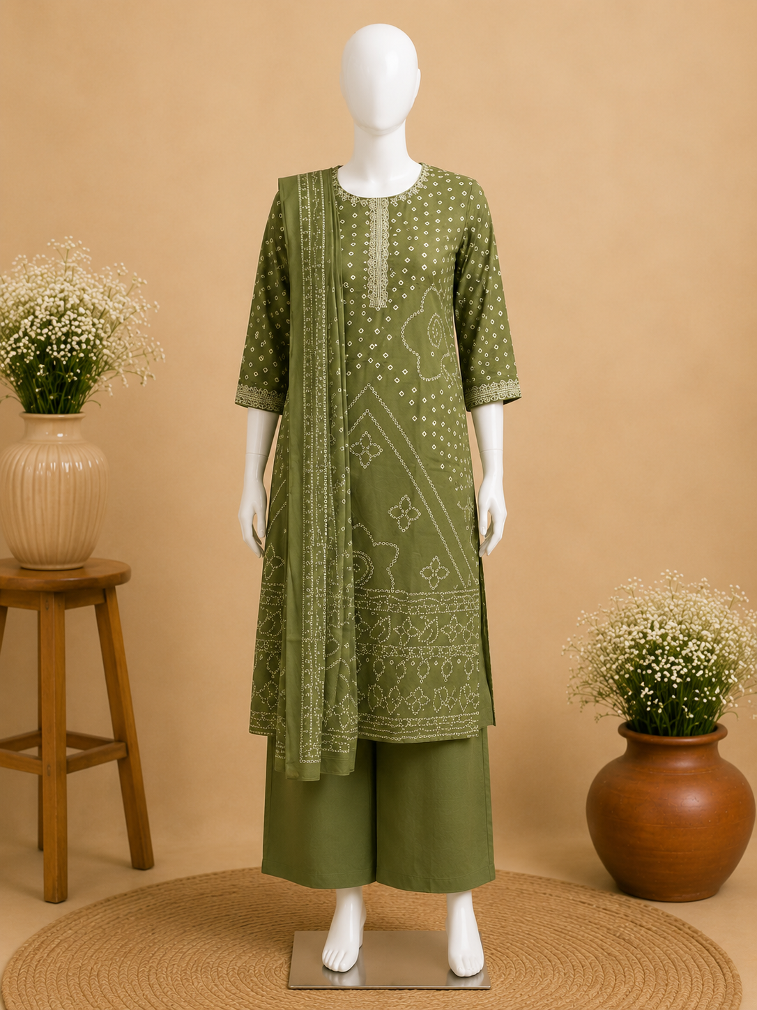 Olive Green Cotton Printed Kurta Set