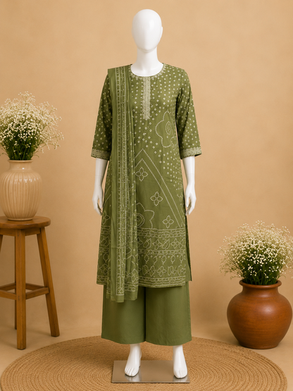Olive Green Cotton Printed Kurta Set