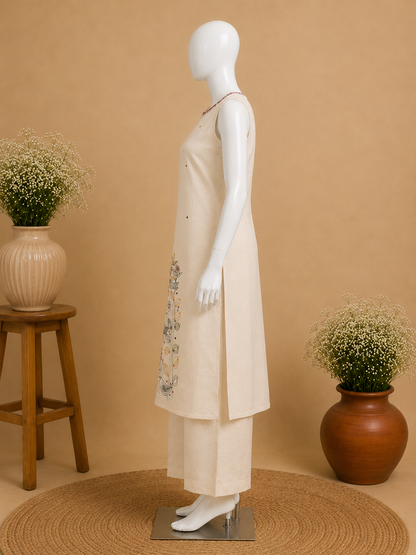 Off-White Flex Cotton A-Line Top and  Pant Set