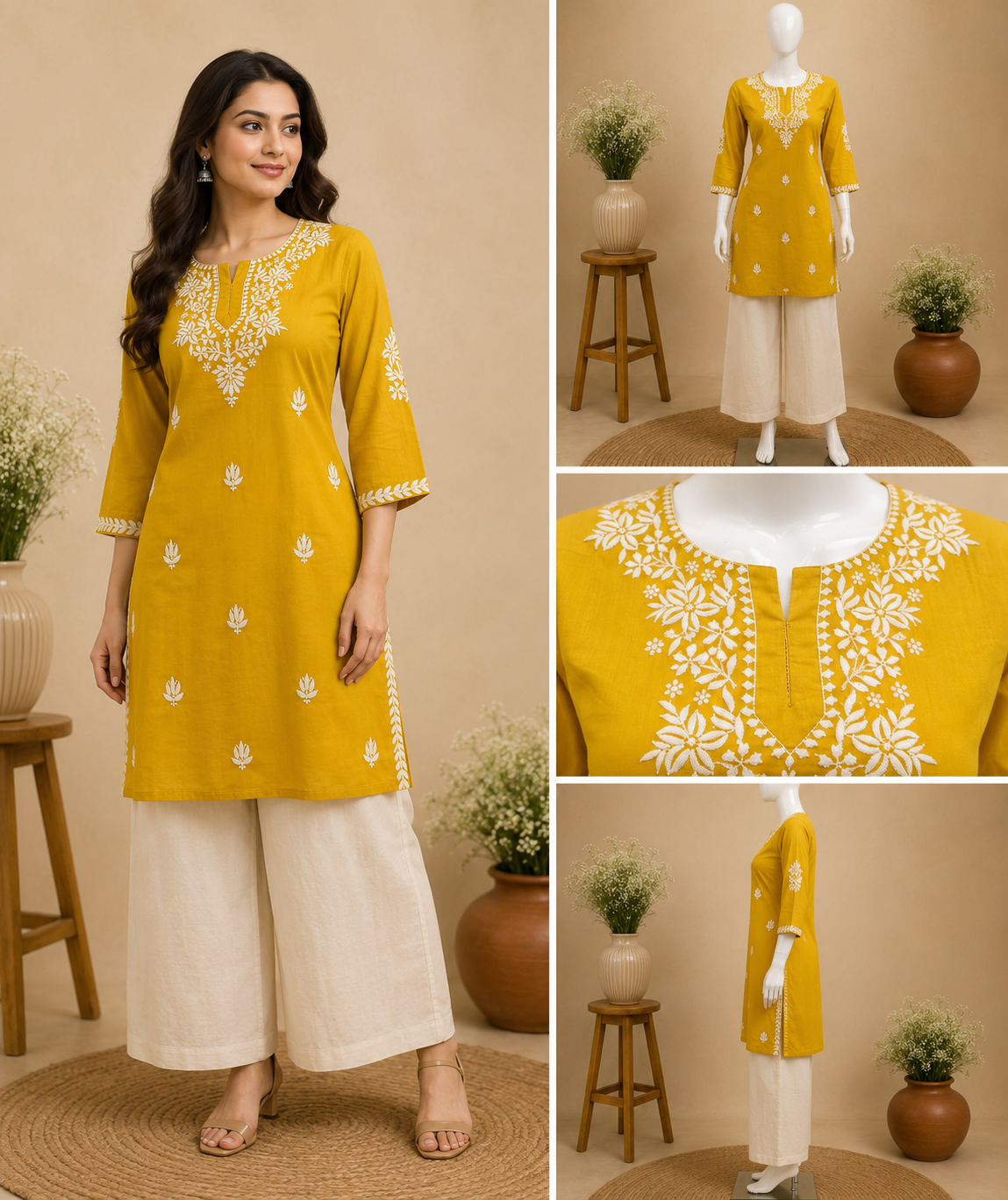 Mustard Yellow Cotton Embroidered Short Top