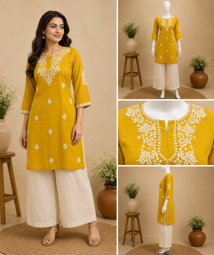 Mustard Yellow Cotton Embroidered Short Top