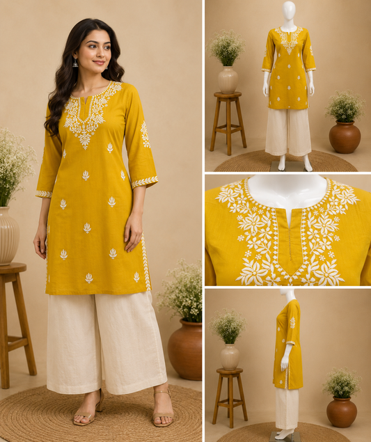 Mustard Yellow Cotton Embroidered Short Top
