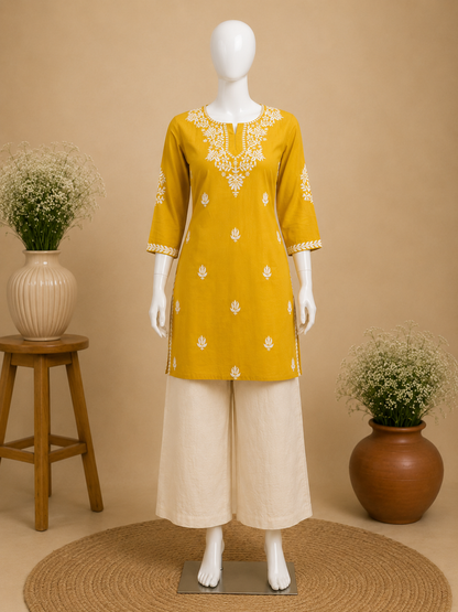 Mustard Yellow Cotton Embroidered Short Top