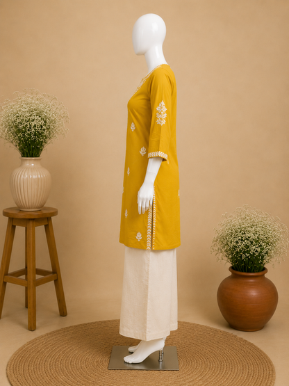 Mustard Yellow Cotton Embroidered Short Top