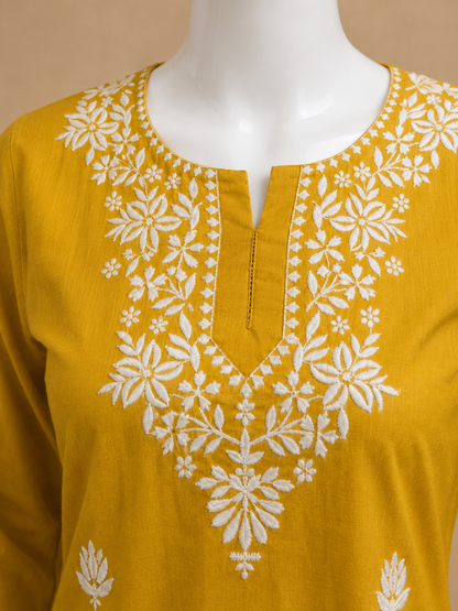 Mustard Yellow Cotton Embroidered Short Top