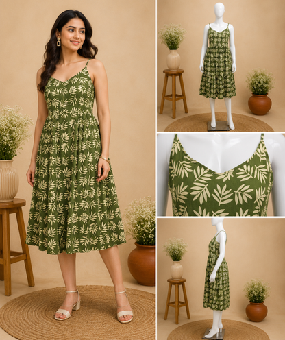 Olive Green Printed Cotton Slip Dress