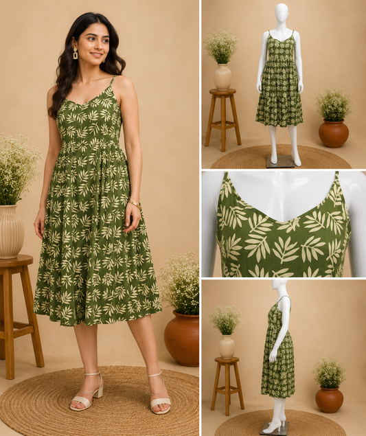 Olive Green Printed Cotton Slip Dress