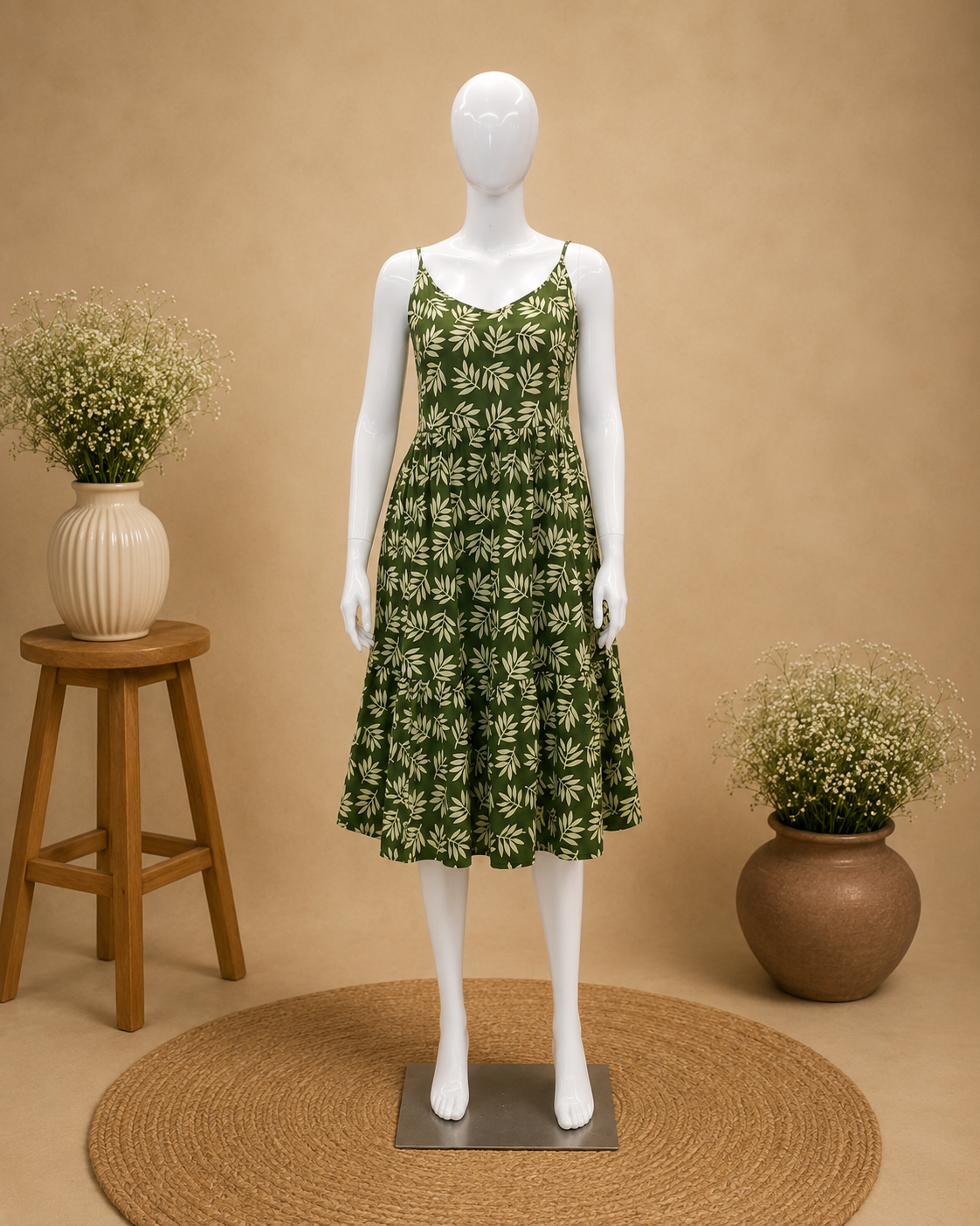Olive Green Printed Cotton Slip Dress