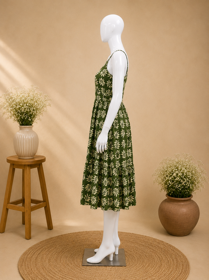 Olive Green Printed Cotton Slip Dress