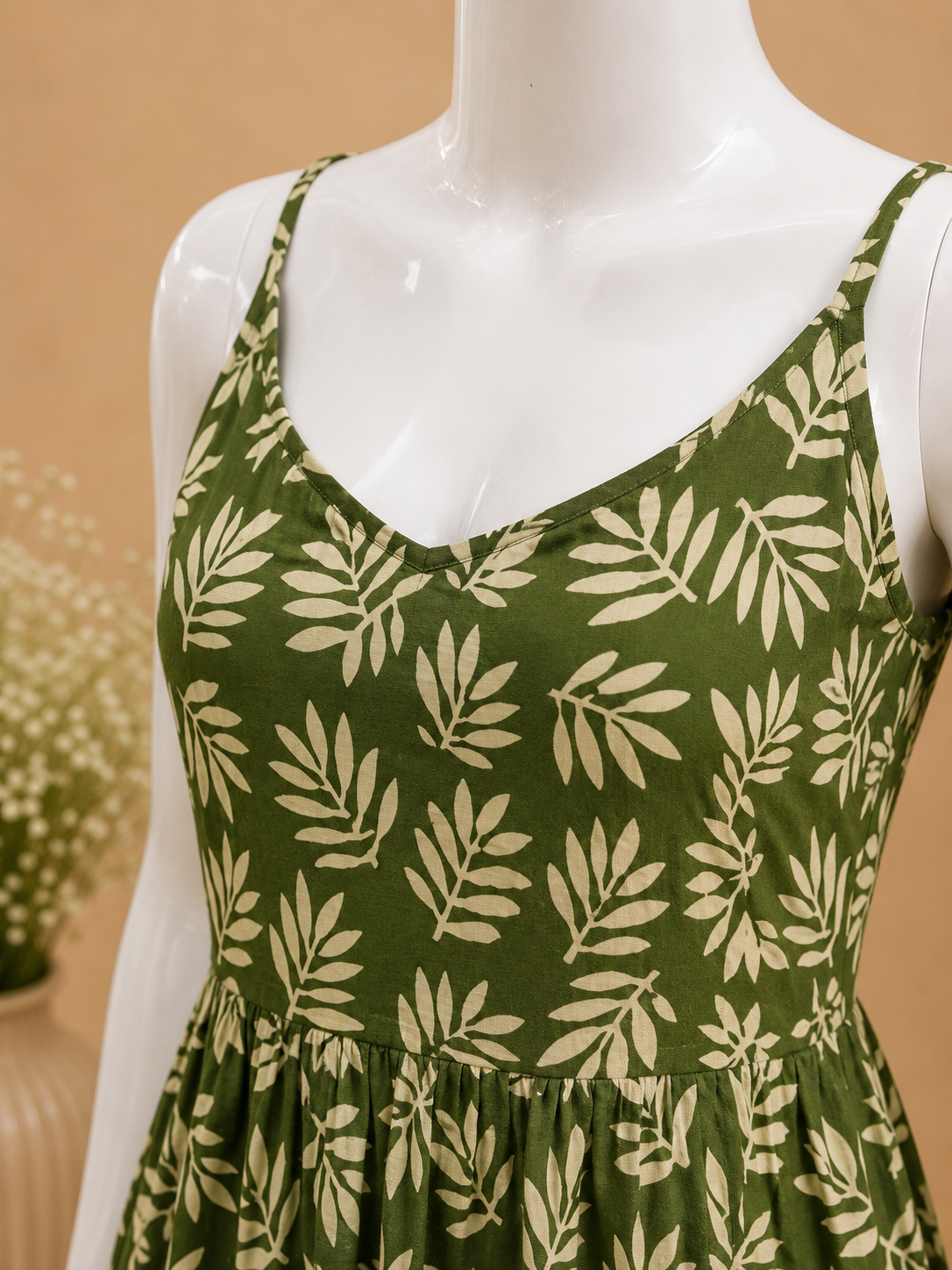 Olive Green Printed Cotton Slip Dress