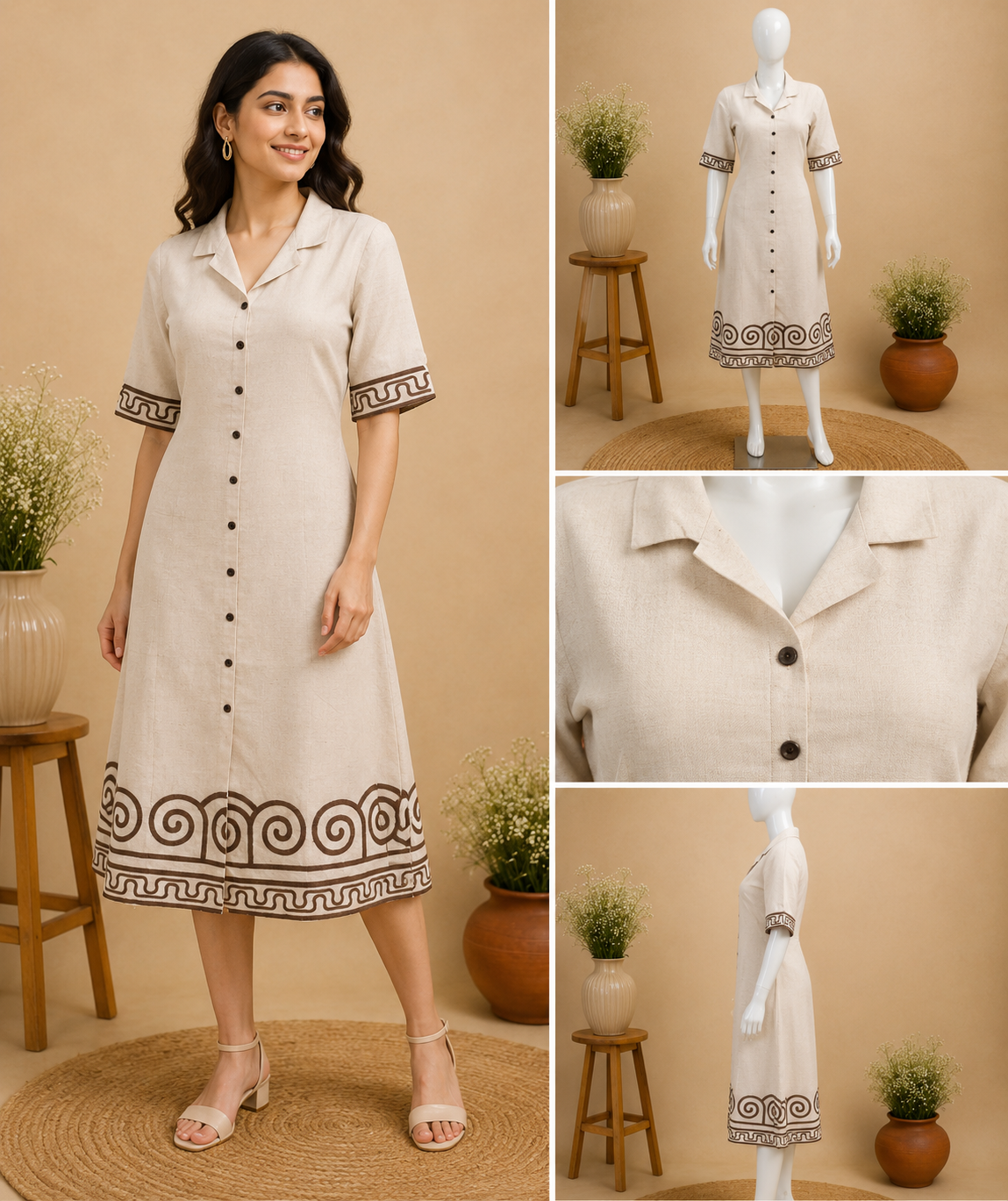 Beige Cotton Shirt Dress with Printed Border