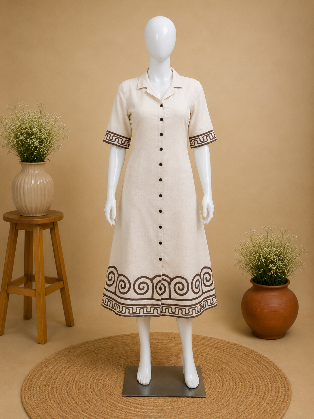 Beige Cotton Shirt Dress with Printed Border