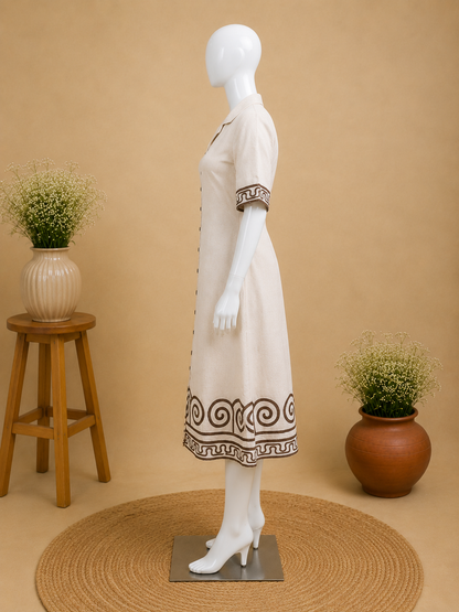 Beige Cotton Shirt Dress with Printed Border