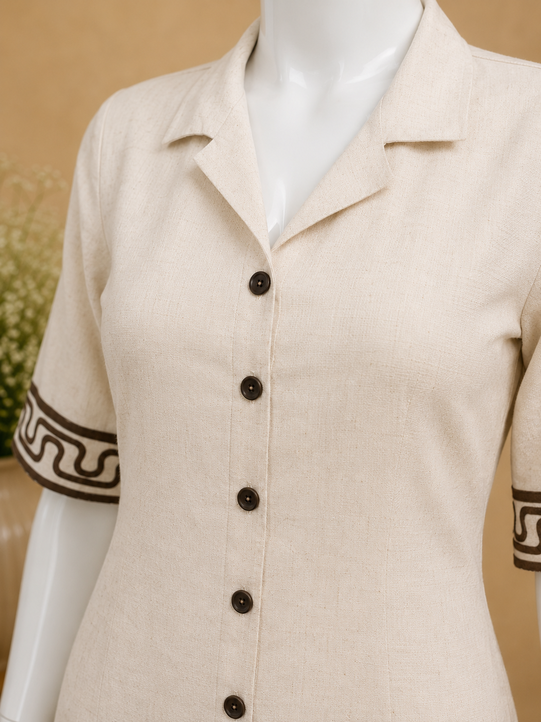 Beige Cotton Shirt Dress with Printed Border