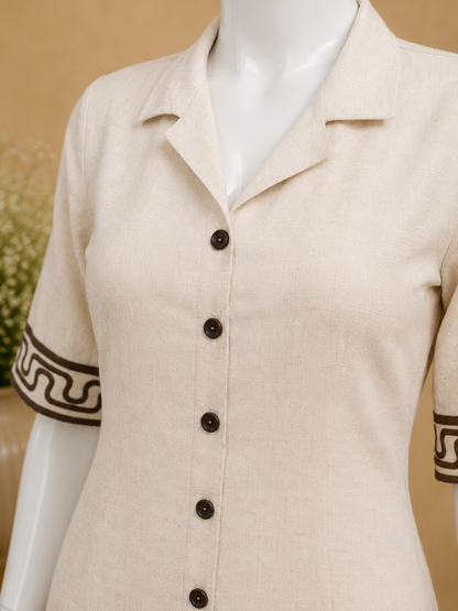 Beige Cotton Shirt Dress with Printed Border