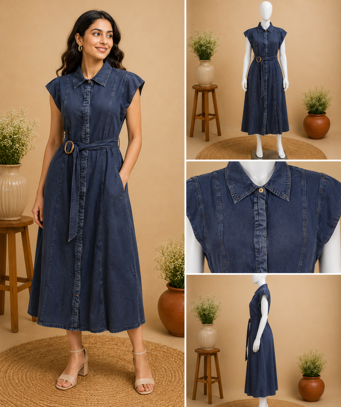 Indigo Denim Shirt Dress with Belt