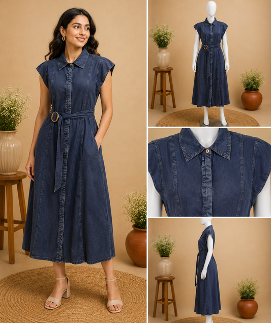 Indigo Denim Shirt Dress with Belt
