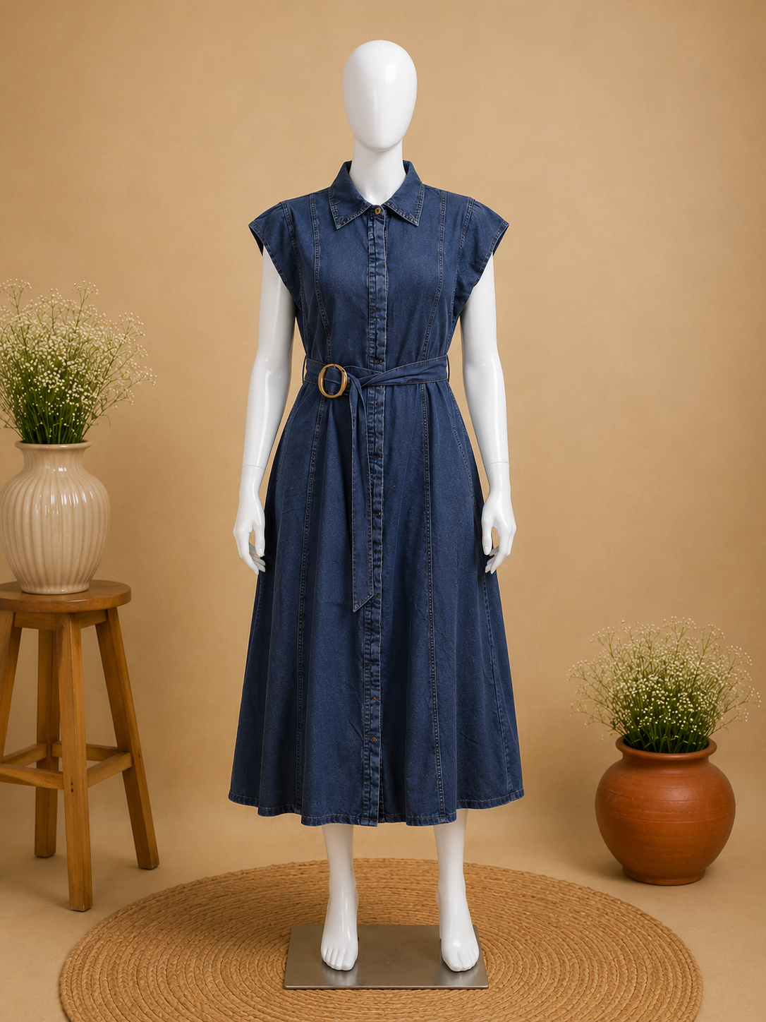 Indigo Denim Shirt Dress with Belt