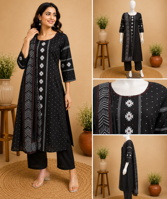 Black Cotton Ikat Print  Dupatta Set