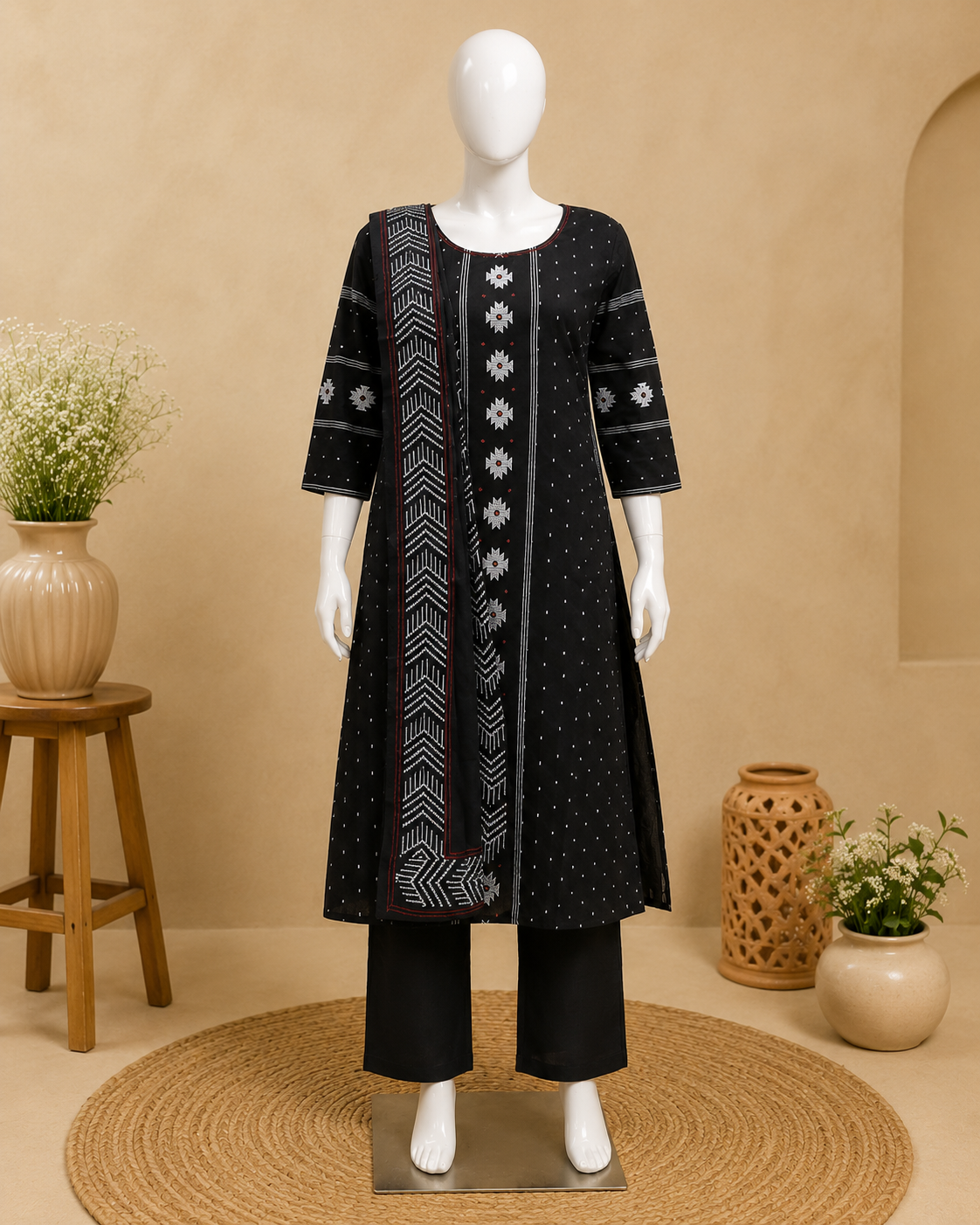 Black Cotton Ikat Print  Dupatta Set