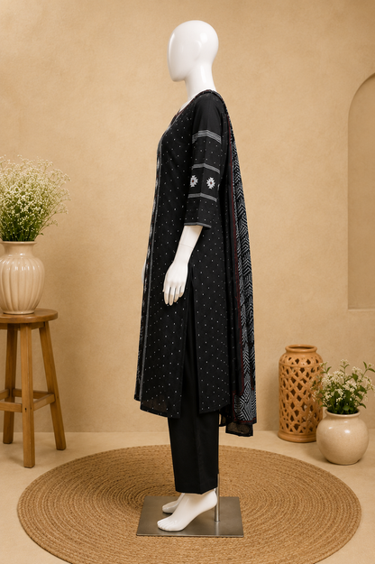 Black Cotton Ikat Print  Dupatta Set
