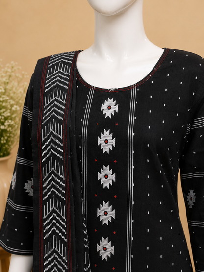 Black Cotton Ikat Print  Dupatta Set