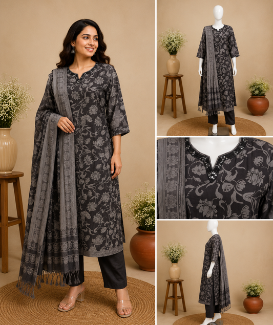 Charcoal Grey Floral Printed Dupatta Set
