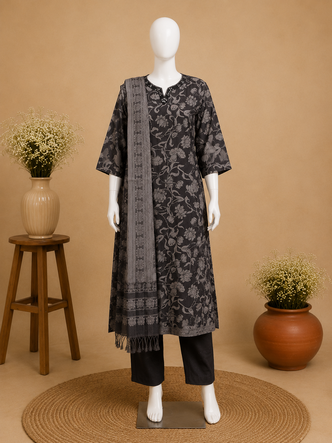 Charcoal Grey Floral Printed Dupatta Set