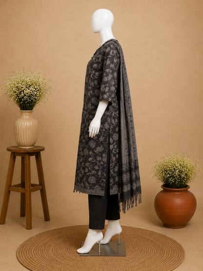 Charcoal Grey Floral Printed Dupatta Set