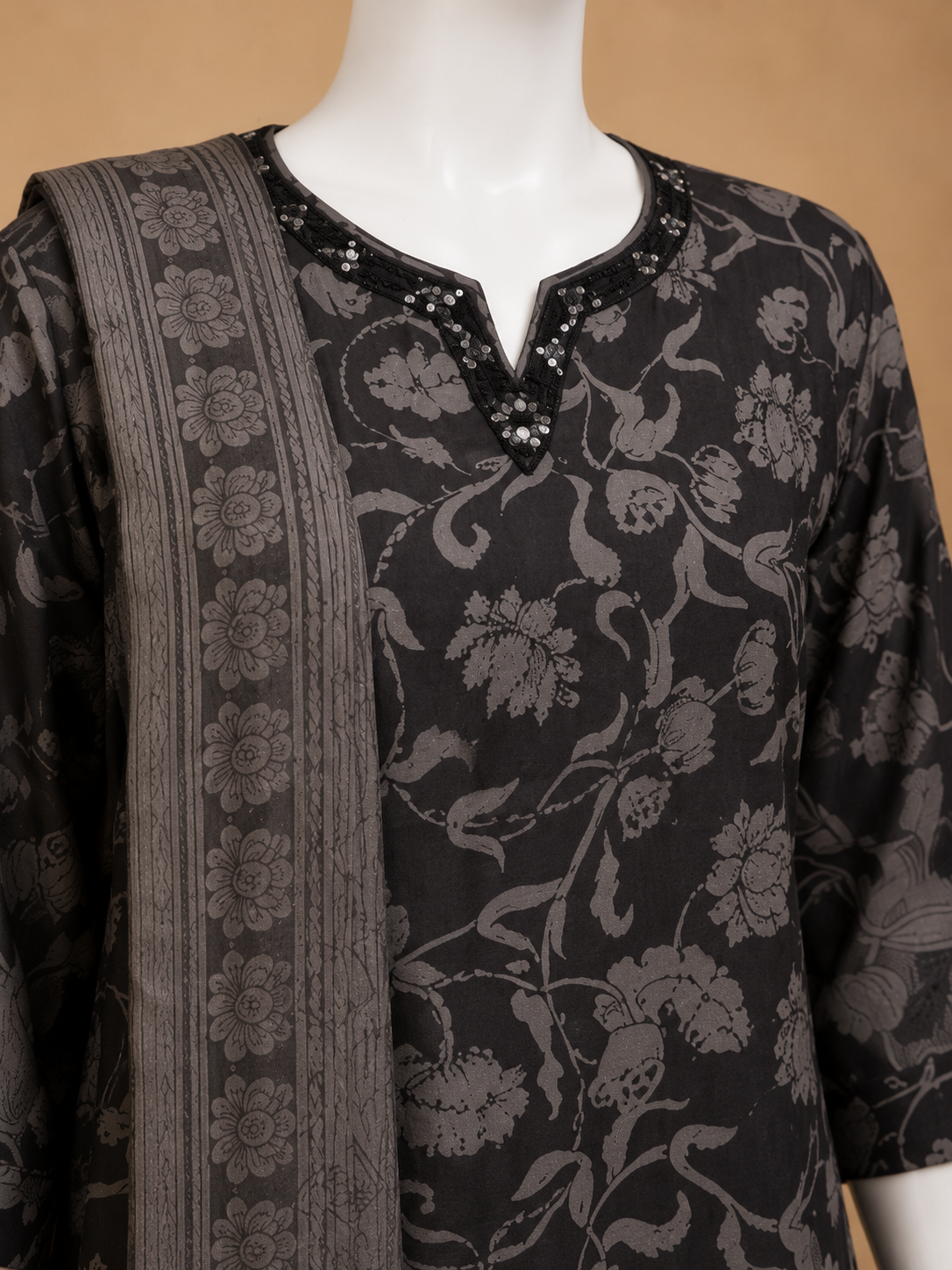 Charcoal Grey Floral Printed Dupatta Set