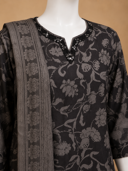 Charcoal Grey Floral Printed Dupatta Set