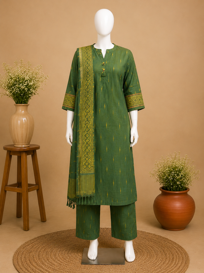 Bottle Green Ethnic Kurta Set with Woven Dupatta Set