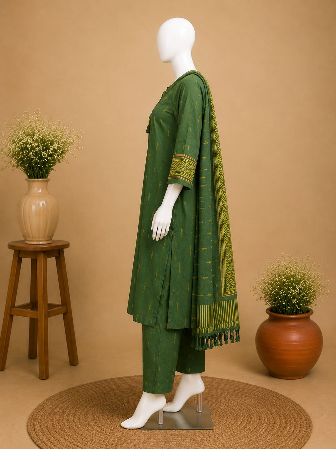 Bottle Green Ethnic Kurta Set with Woven Dupatta Set