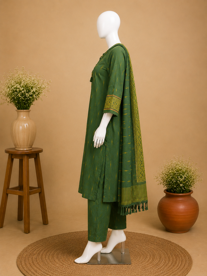 Bottle Green Ethnic Kurta Set with Woven Dupatta Set