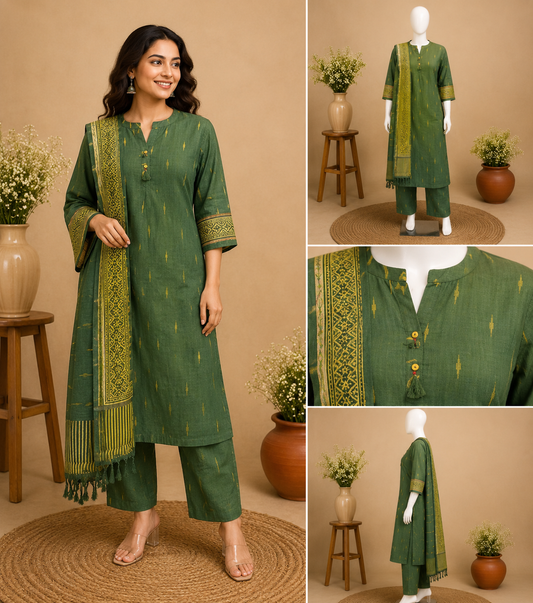 Bottle Green Ethnic Kurta Set with Woven Dupatta Set