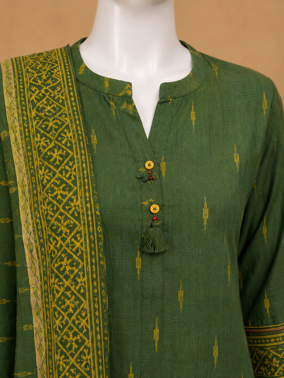 Bottle Green Ethnic Kurta Set with Woven Dupatta Set