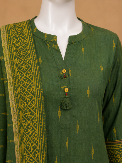 Bottle Green Ethnic Kurta Set with Woven Dupatta Set