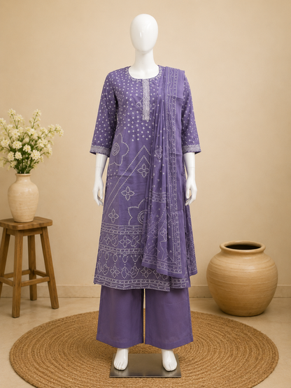 Lavender Printed Cotton  Dupatta Set