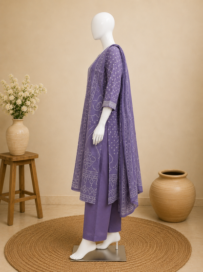 Lavender Printed Cotton  Dupatta Set