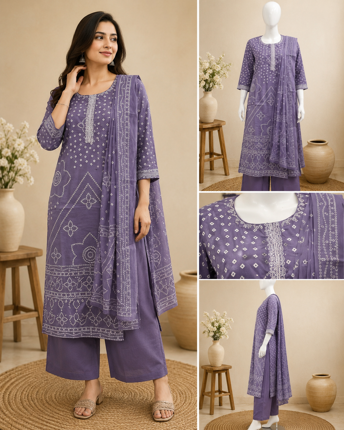 Lavender Printed Cotton  Dupatta Set
