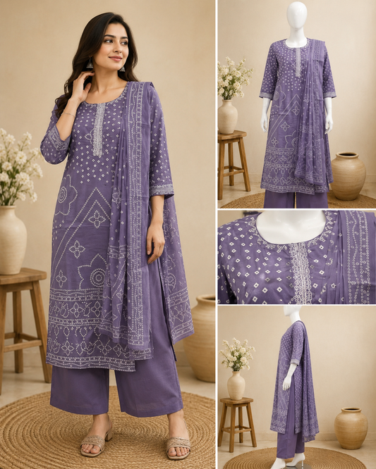 Lavender Printed Cotton  Dupatta Set
