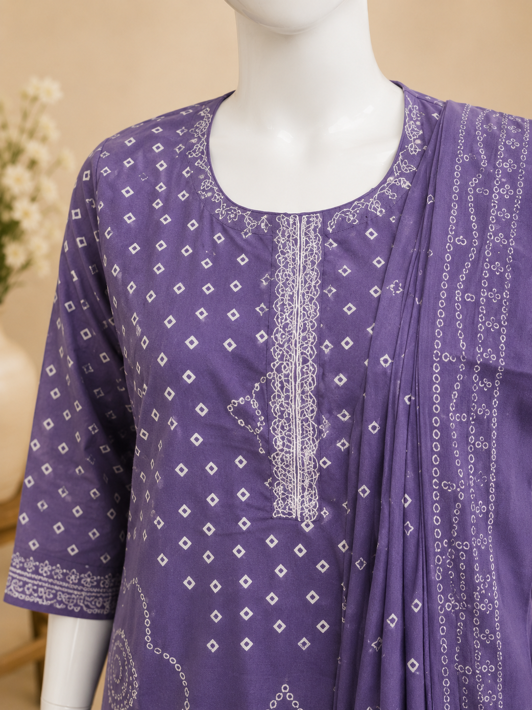 Lavender Printed Cotton  Dupatta Set