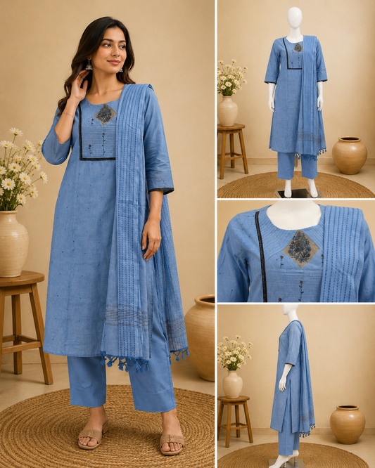 Powder Blue Solid Cotton Dupatta Set