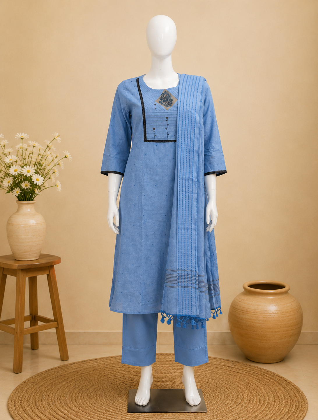 Powder Blue Solid Cotton Dupatta Set